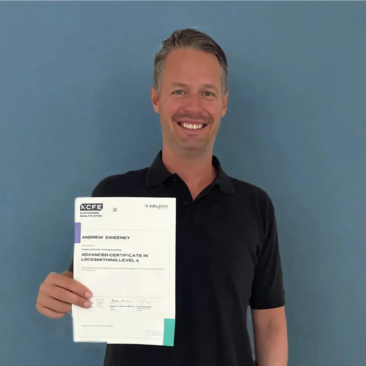 Andy with his NCFE Advanced Certificate in Locksmithing (Level 4) certificate